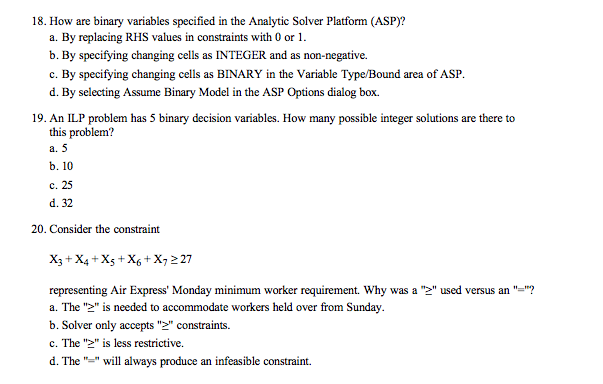 Solved 18. How are binary variables specified in the | Chegg.com