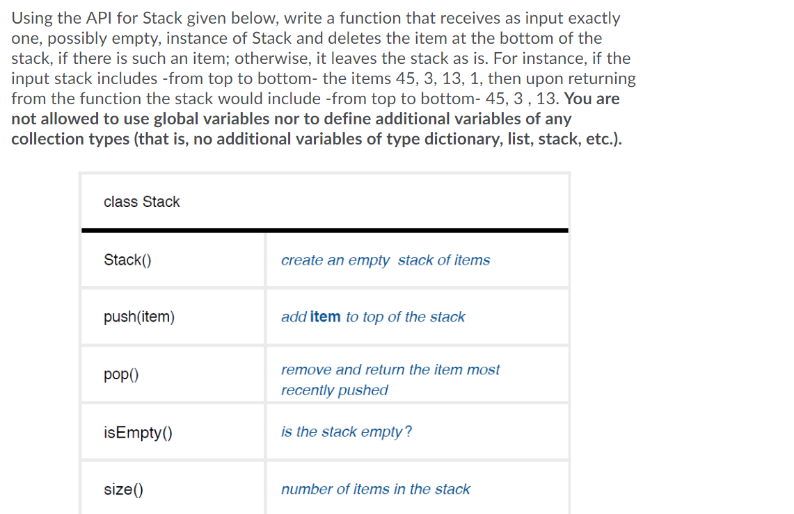 Solved Using the API for Stack given below, write a function | Chegg.com