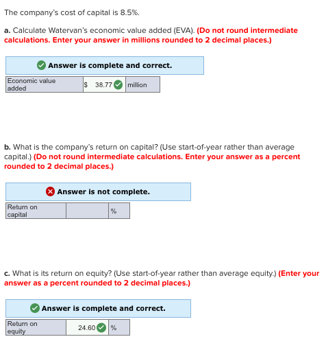 The companys cost of capital is 8.5%. a. Calculate Watervans economic value added (EVA). (Do not round intermediate calcula