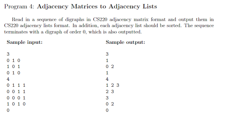 Solved Program 4: Adjacency Matrices to Adjacency Lists Read | Chegg.com