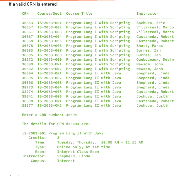 If a valid CRN is entered: