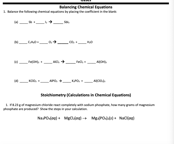 Solved Cases Balancing Chemical Equations 1. Balance the | Chegg.com