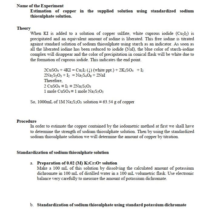 Solved Name of the Experiment Estimation of copper in the | Chegg.com