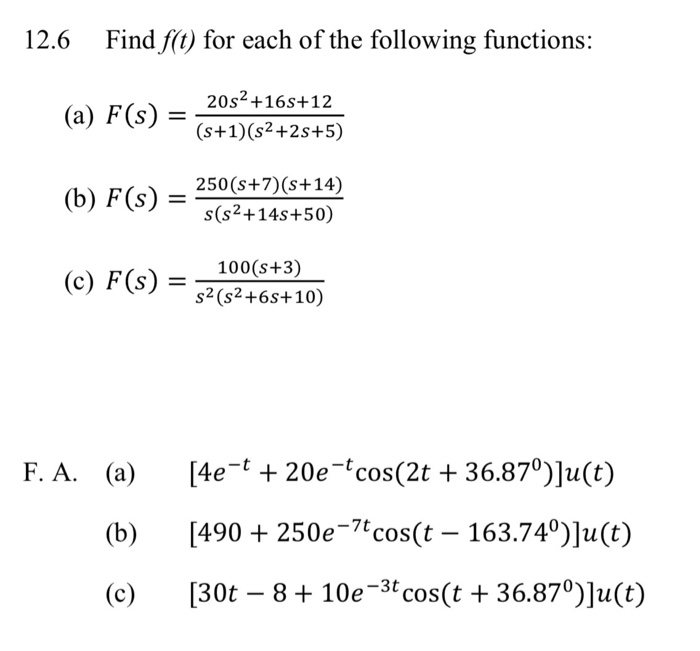 Solved 12.6 Find f(t) for each of the following functions: | Chegg.com