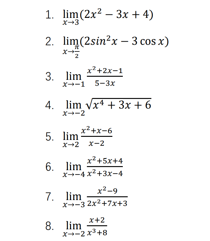 Solved 1. lim (2x2 – 3x + 4) x>3 2. lim(2sinx – 3 cos x) xä | Chegg.com