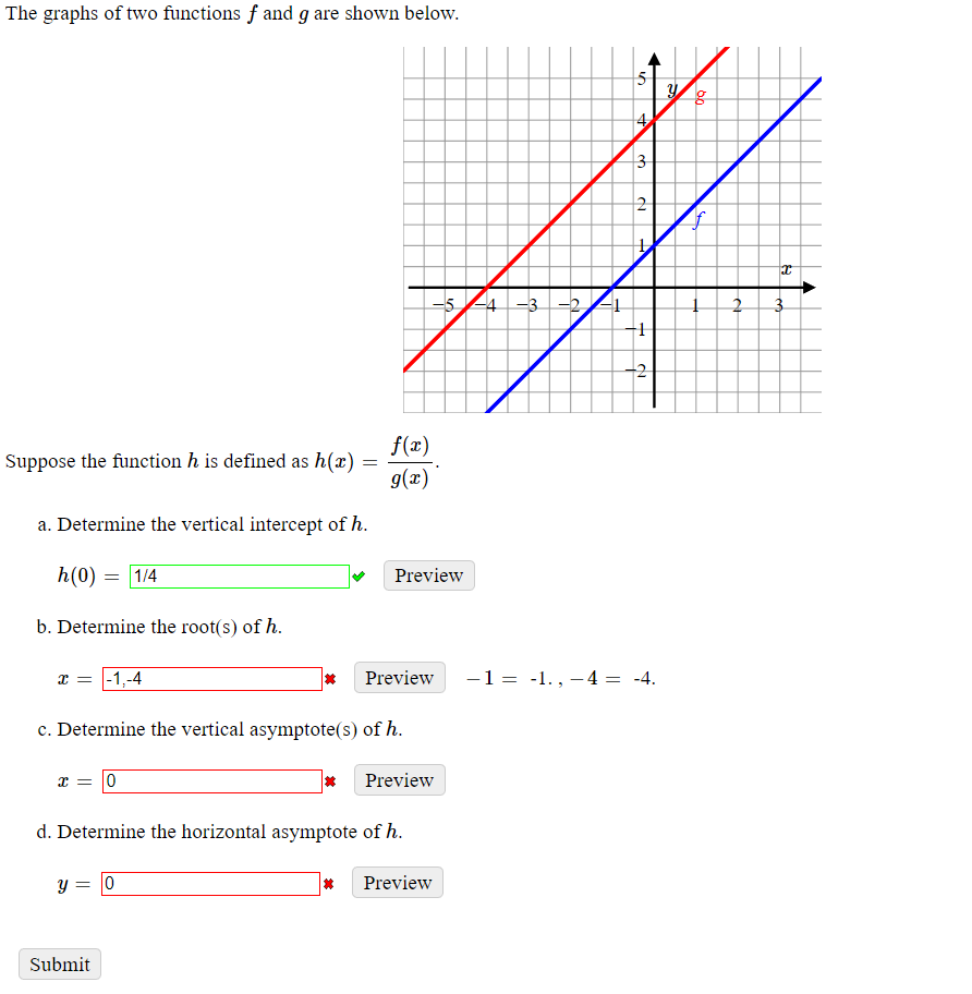 The graphs of two functions \( f \) and \( g \) are shown below.
Suppose the function \( h \) is defined as \( h(x)=\frac{f(x