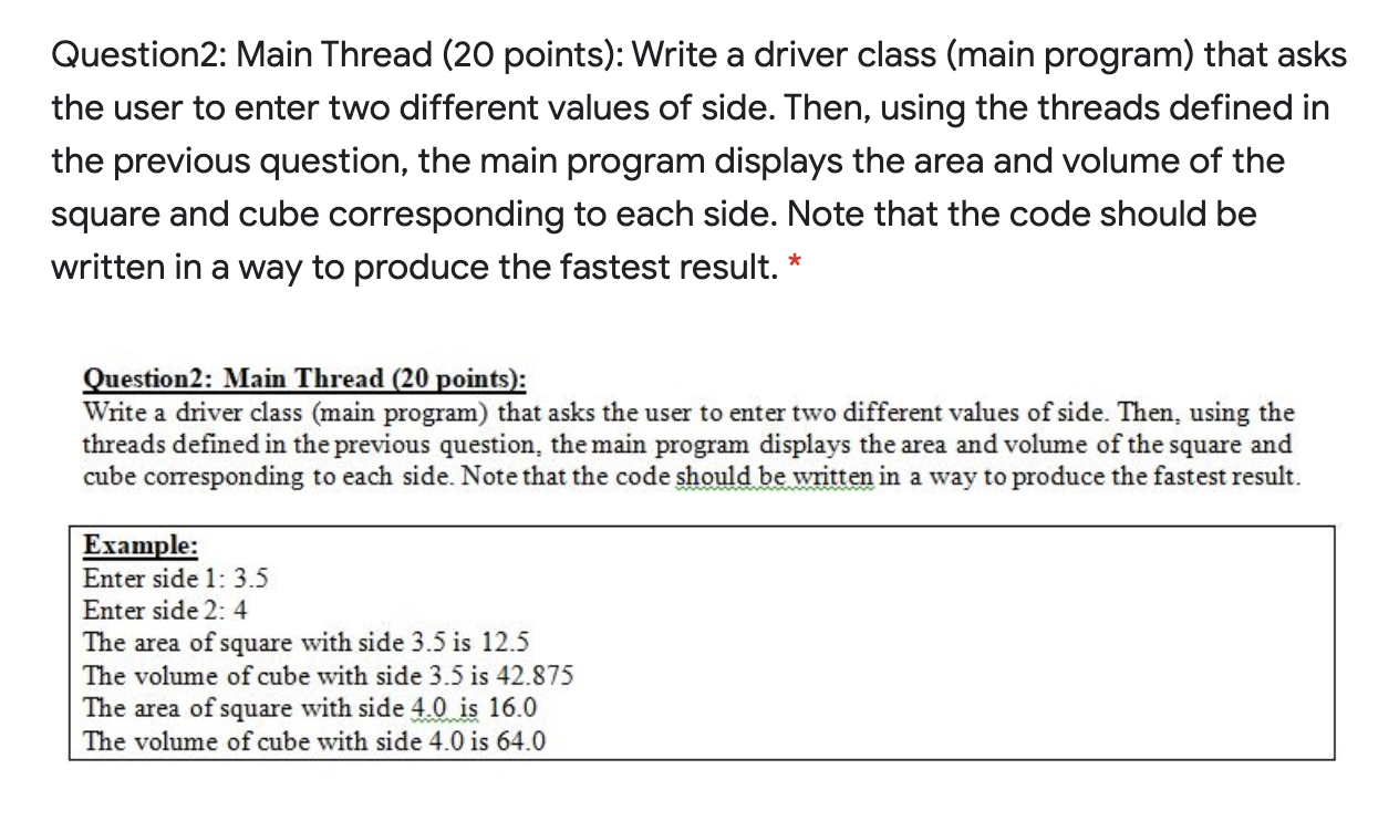 Solved Question1 A (10 points): Write the thread “Area” that | Chegg.com