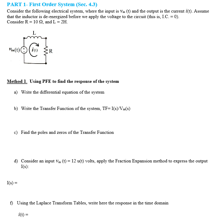 Solved PART 1- First Order System (Sec. 4.3) Consider the | Chegg.com