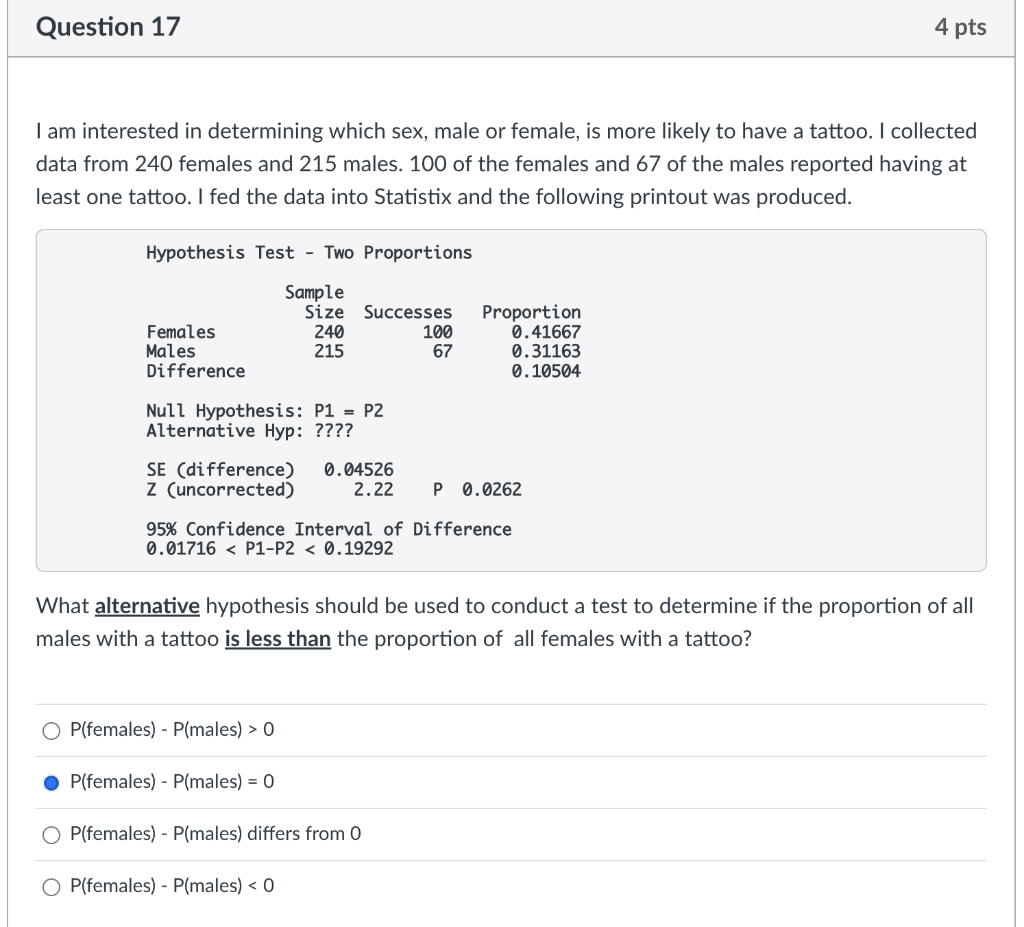 Solved Question 17 I am interested in determining which sex, | Chegg.com