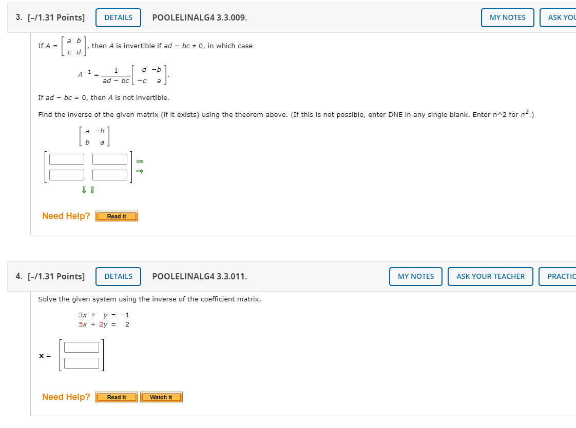 Solved 3. [-/1.31 Points] DETAILS POOLELINALG4 3.3.009. MY | Chegg.com
