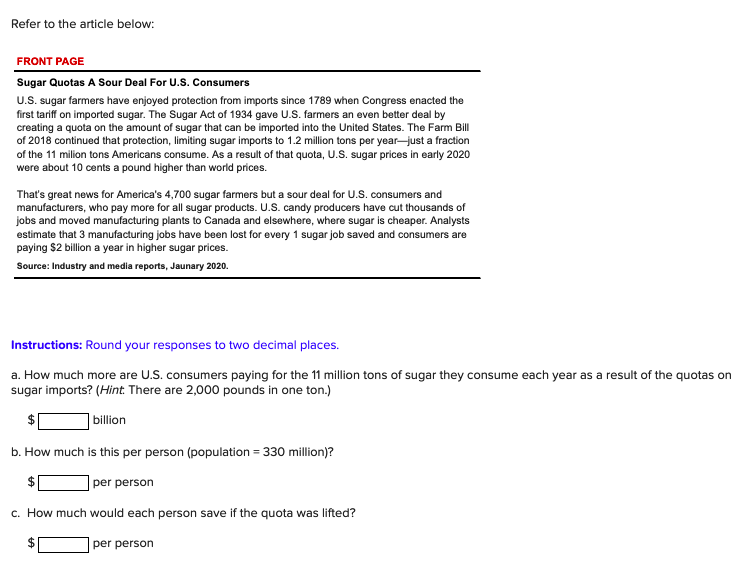 Solved Refer to the article below FRONT PAGE Sugar Quotas A