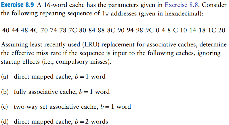 Solved Exercise 8.9 A 16-word Cache Has The Parameters Given | Chegg.com