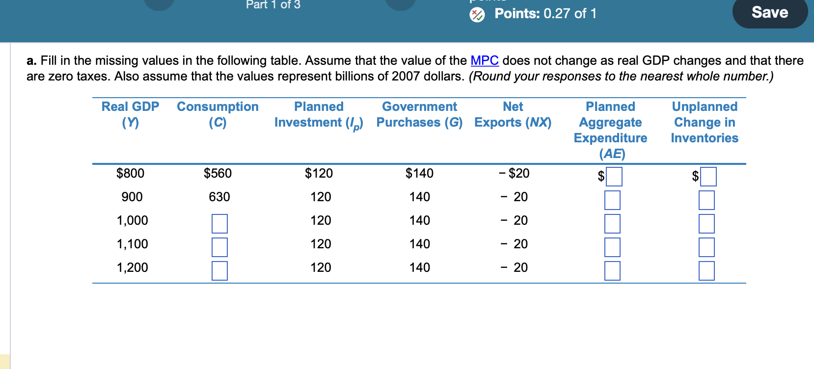 Solved a. Fill in the missing values in the following table. | Chegg.com