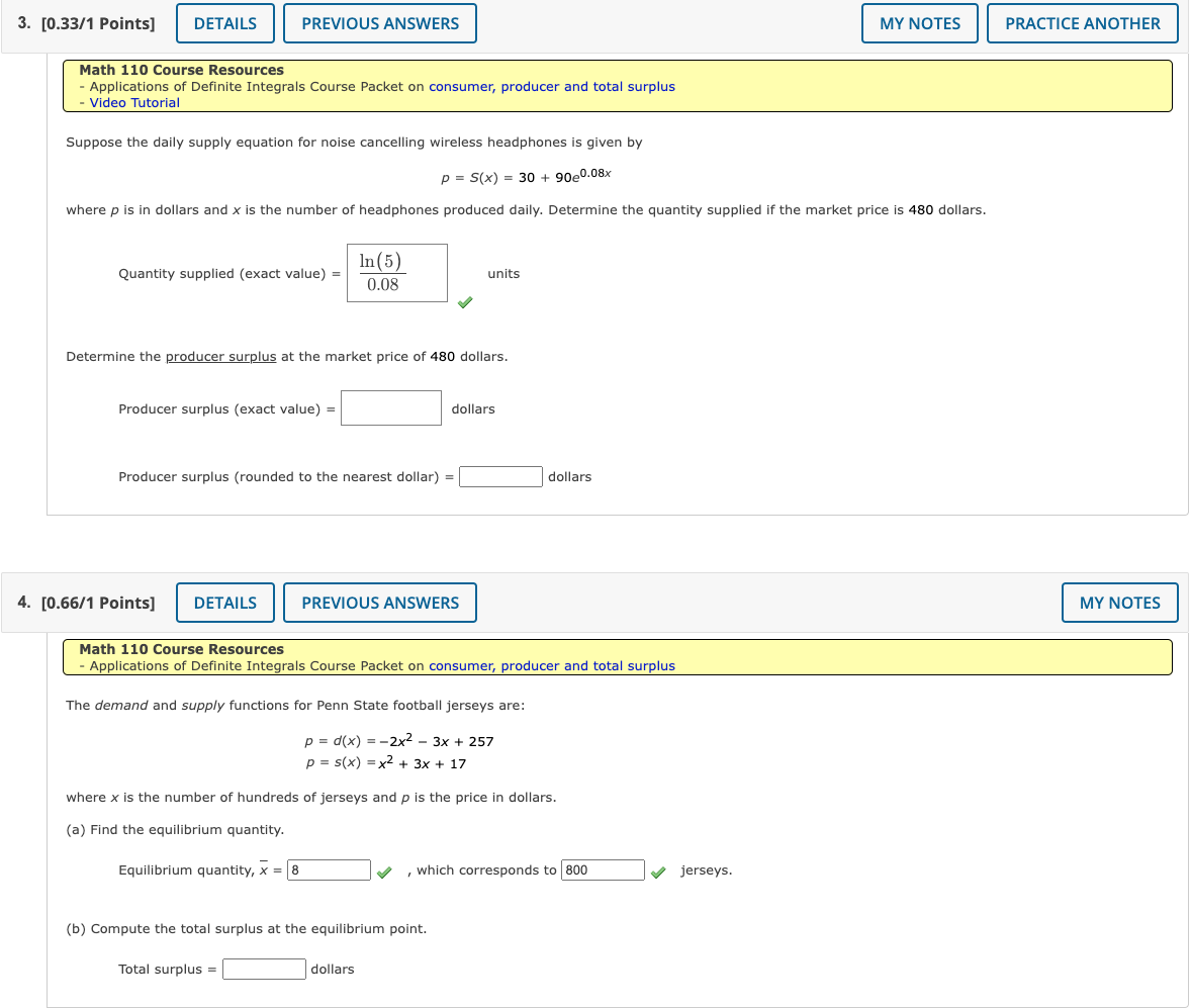 Solved Math 110 Course Resources - Applications of Definite | Chegg.com