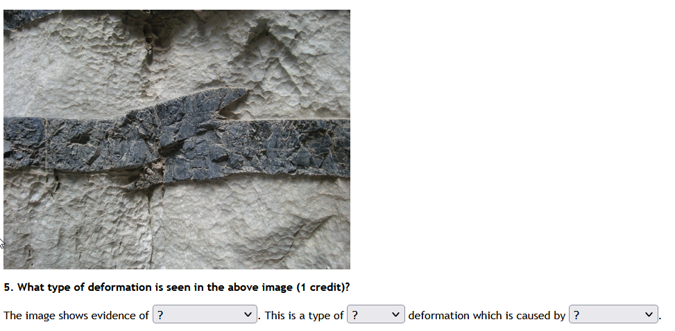 5. What type of deformation is seen in the above image ( 1 credit)?
The image shows evidence of
This is a type of
deformation