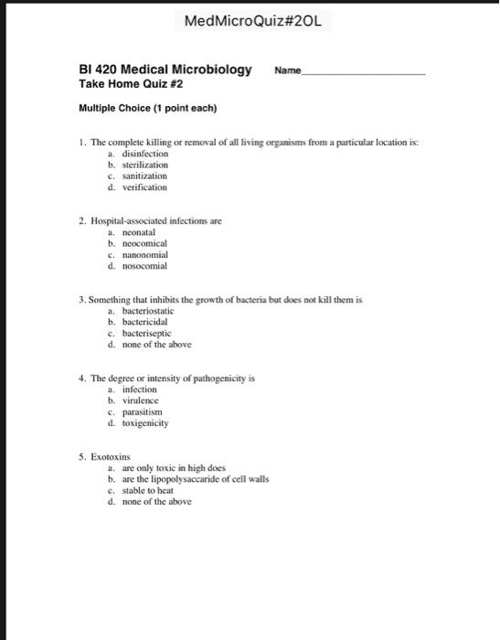 Solved: MedMicroQuiz#20L BI 420 Medical Microbiology Name ... | Chegg.com