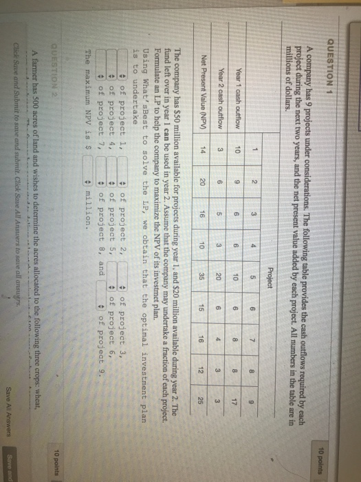 Solved QUESTION 1 10 points A company has 9 projects under | Chegg.com