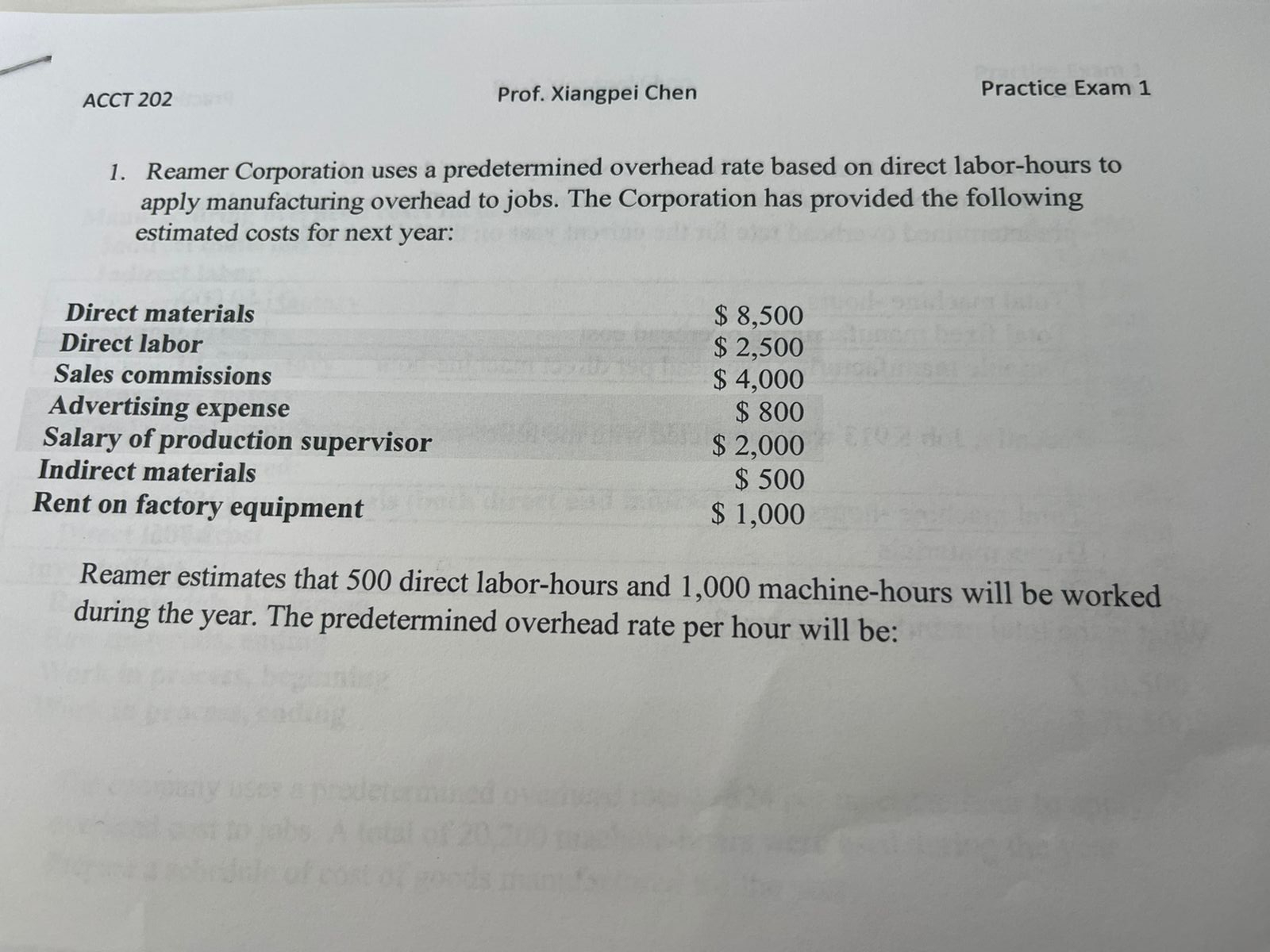 Solved Reamer Corporation uses a predetermined overhead rate