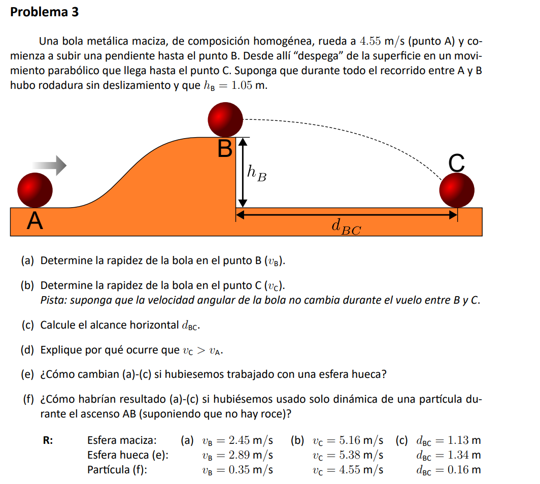 Una bola metálica maciza, de composición homogénea, rueda a \( 4.55 \mathrm{~m} / \mathrm{s} \) (punto A) y comienza a subir