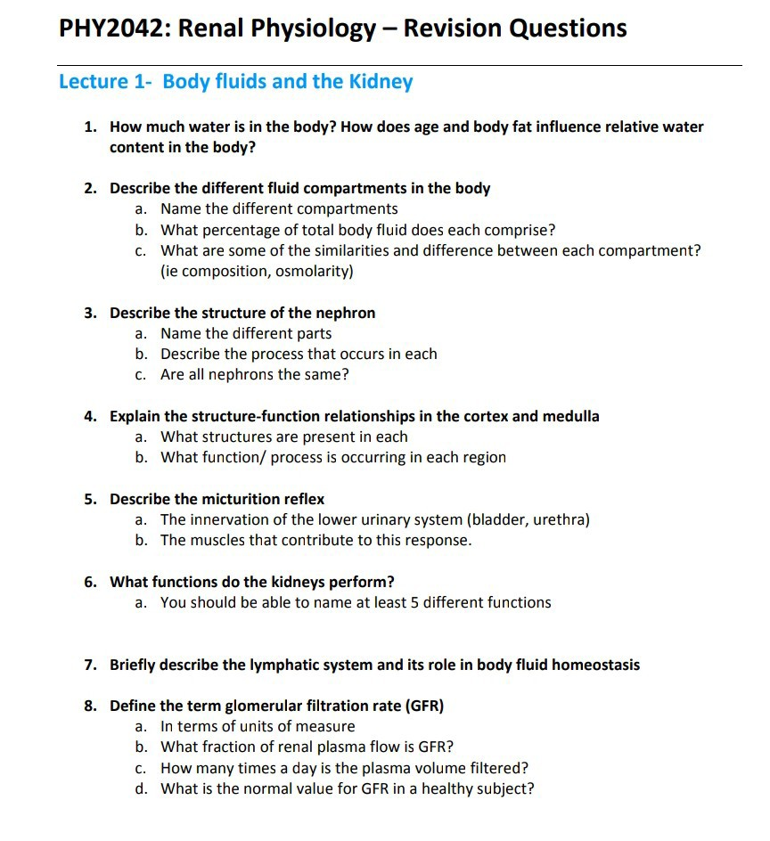 renal physiology practice questions body fluid compartments