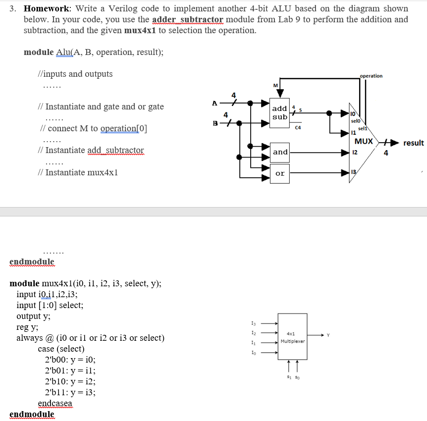 3. Homework: Write a Verilog code to implement another 4-bit ALU based on the diagram shown below. In your code, you use the