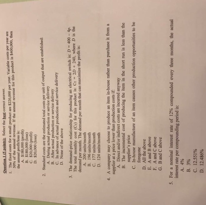 Solved Question 1(S points): Select the best correct answer. | Chegg.com