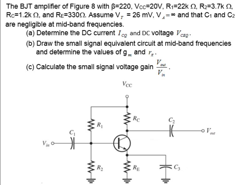 Solved The BJT amplifier of Figure 8 with β=220,VcC=20 | Chegg.com