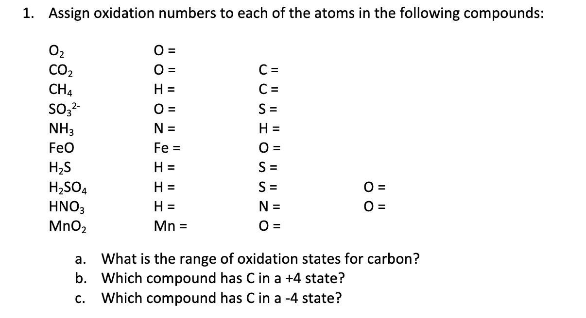 Solved 1. Assign Oxidation Numbers To Each Of The Atoms In | Chegg.com