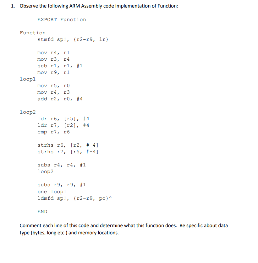 Solved 1. Observe the following ARM Assembly code | Chegg.com
