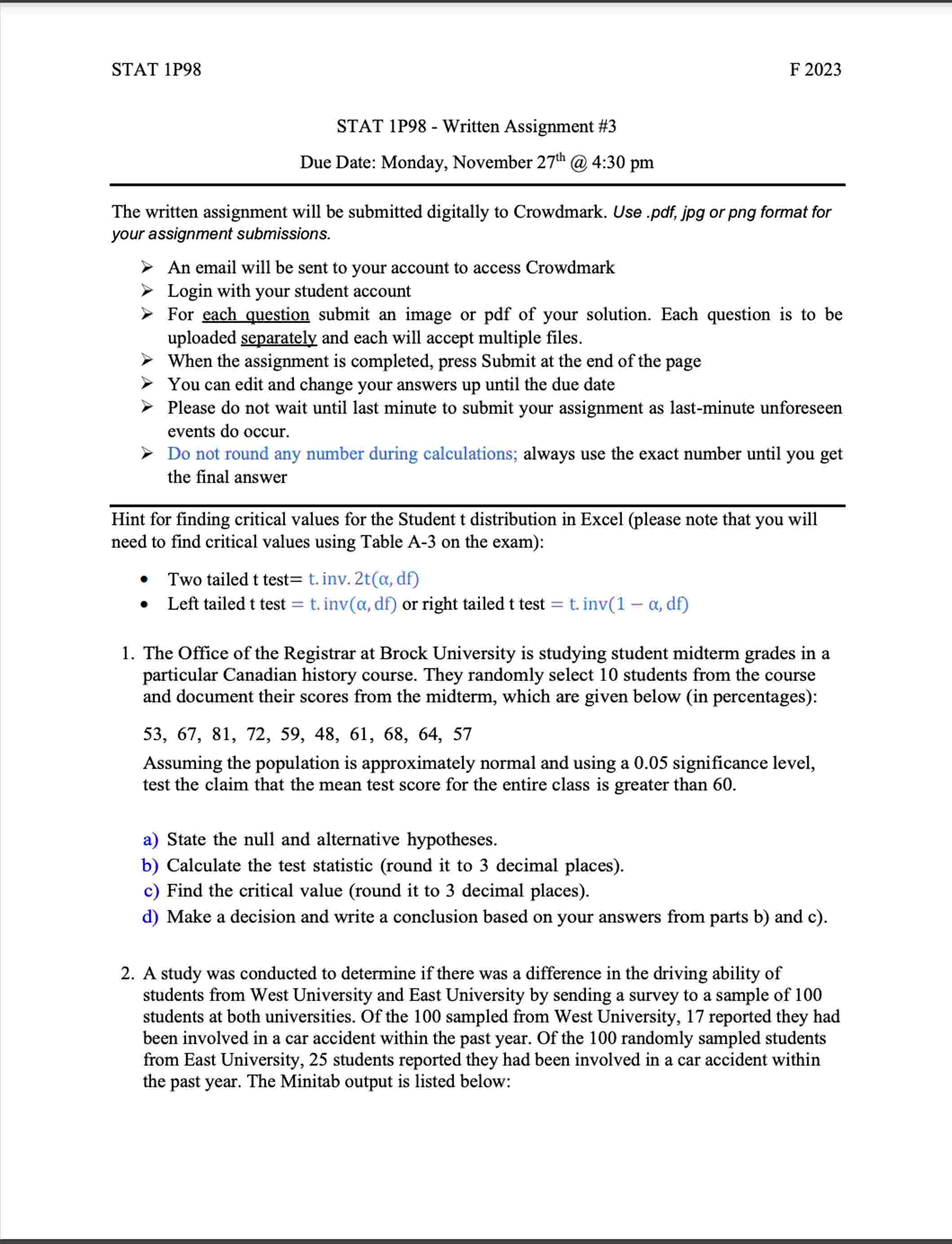 Solved STAT 1 P98 - Written Assignment #3Due Date: Monday, | Chegg.com
