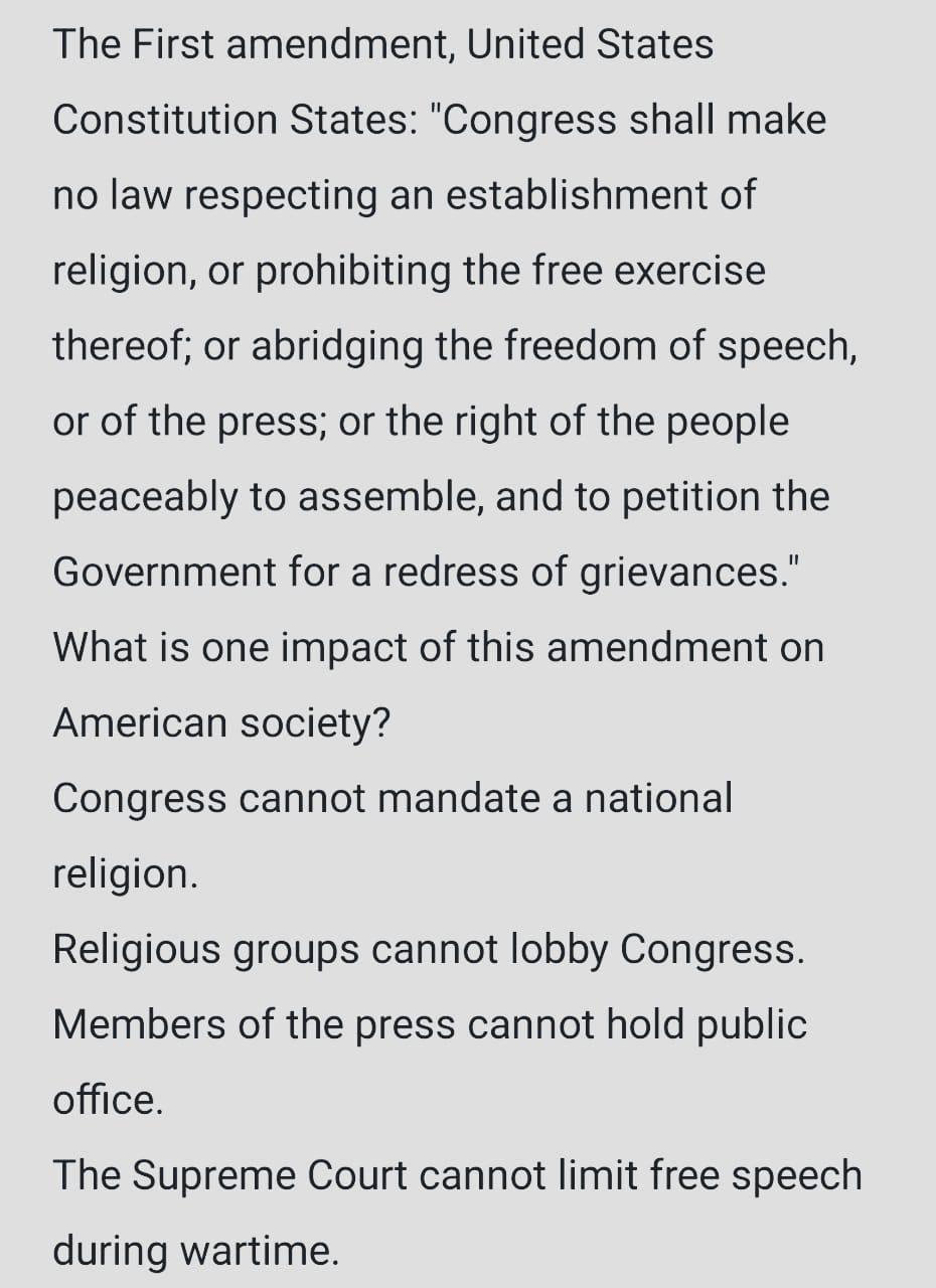 Solved The First amendment, United States Constitution