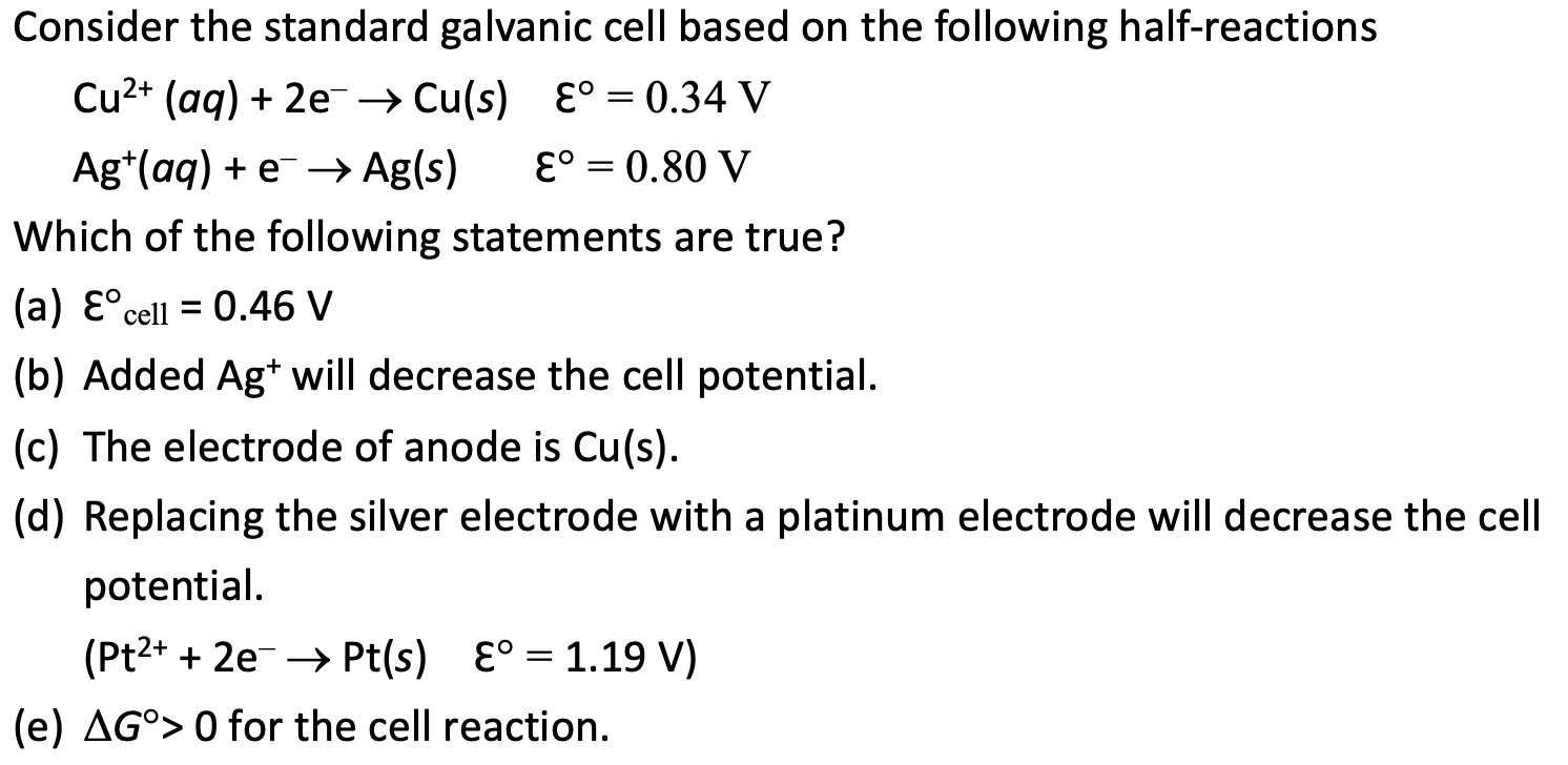 Solved Consider the standard galvanic cell based on the | Chegg.com