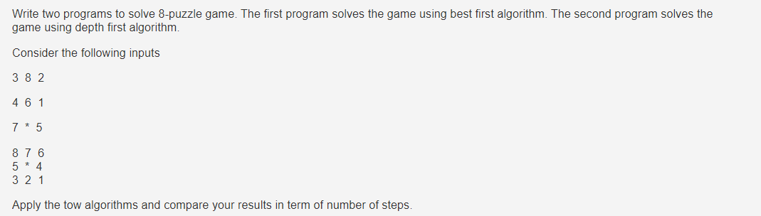 Solved Write two programs to solve 8-puzzle game. The first | Chegg.com