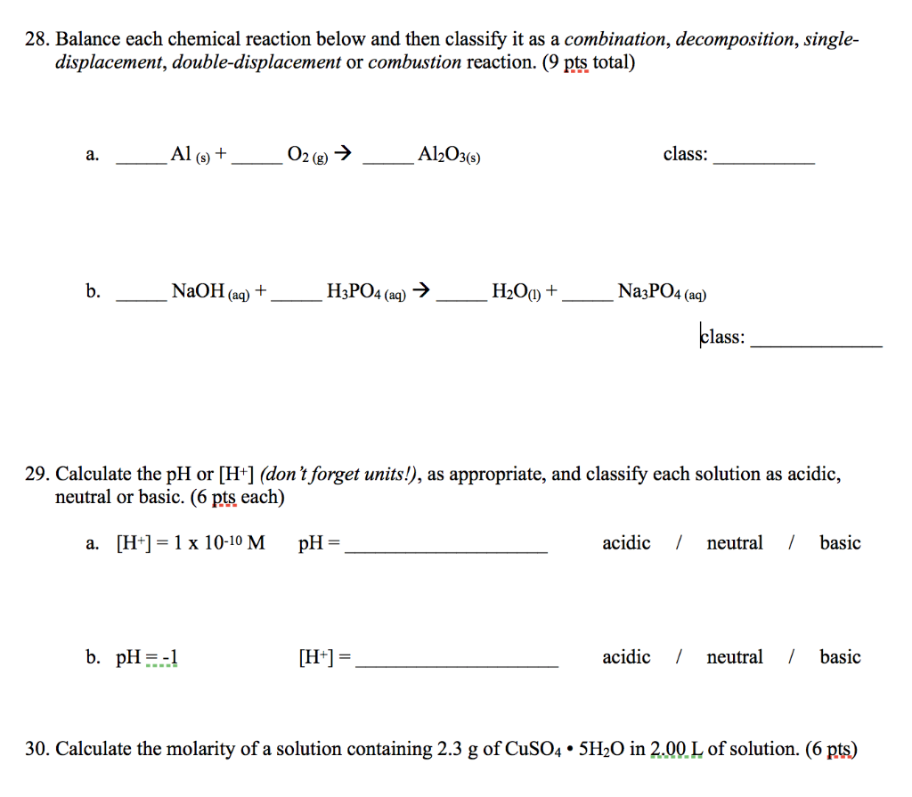 Solved 28. Balance each chemical reaction below and then | Chegg.com