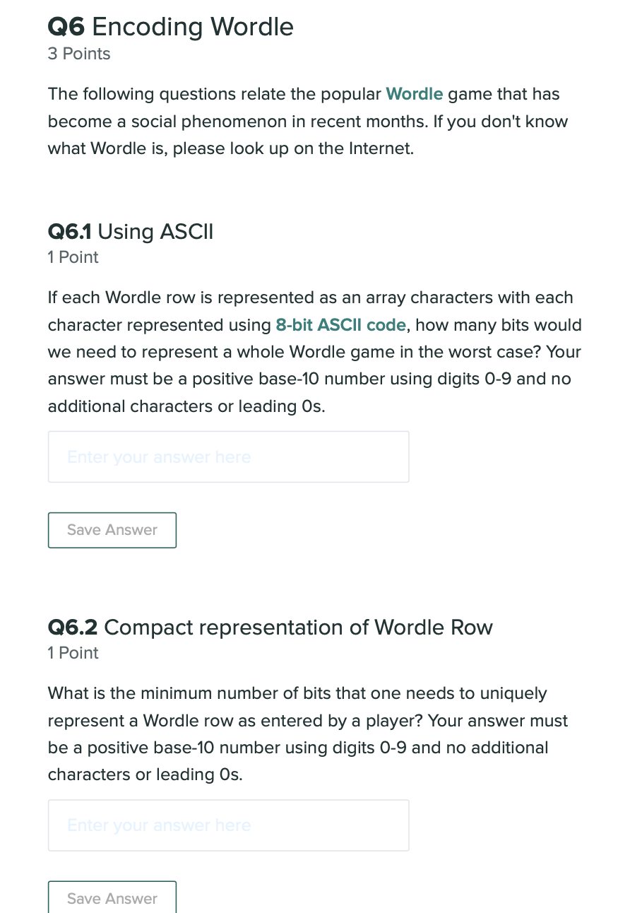 Solved Q6 Encoding Wordle 3 Points The following questions | Chegg.com