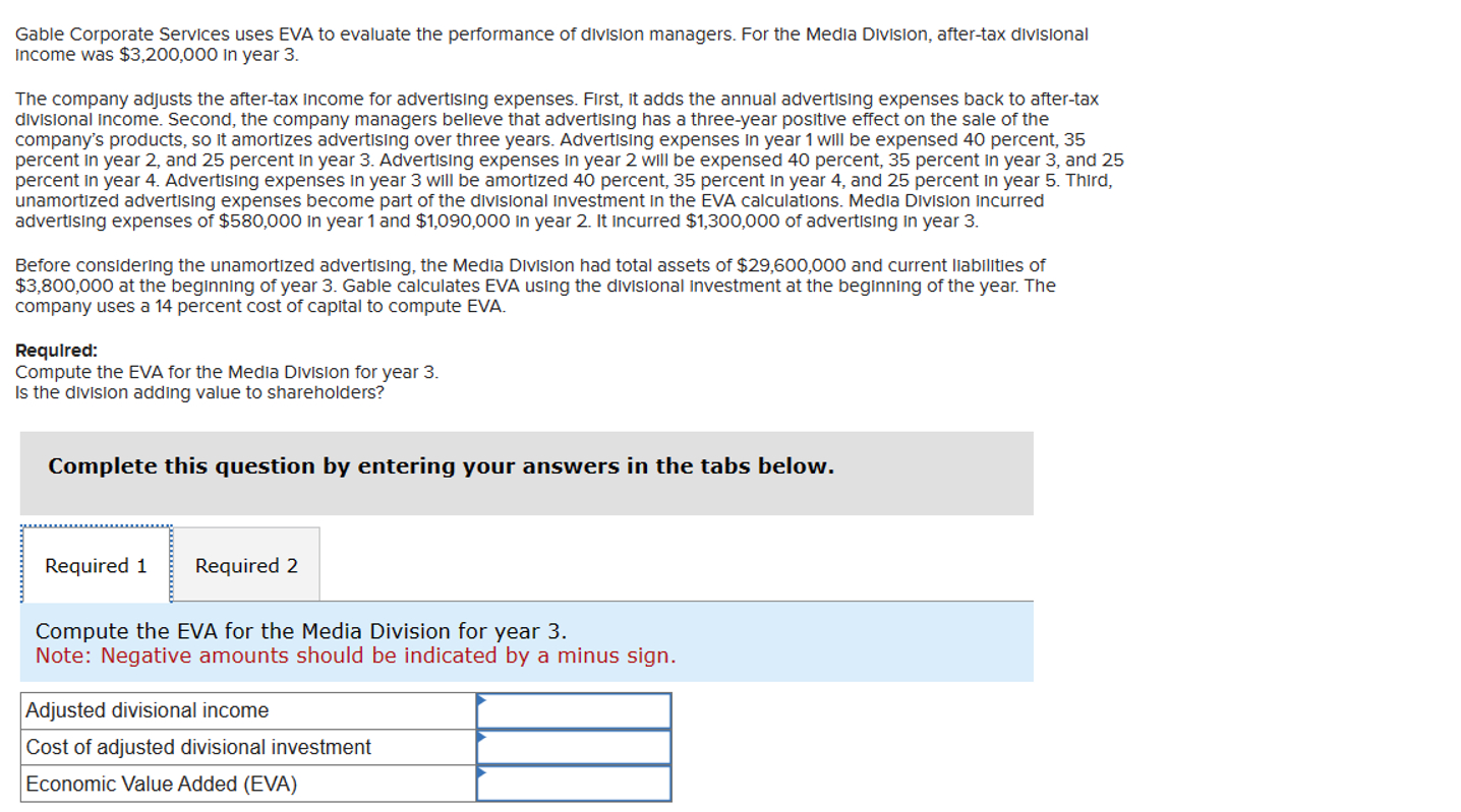 Solved Gable Corporate Services uses EVA to evaluate the | Chegg.com