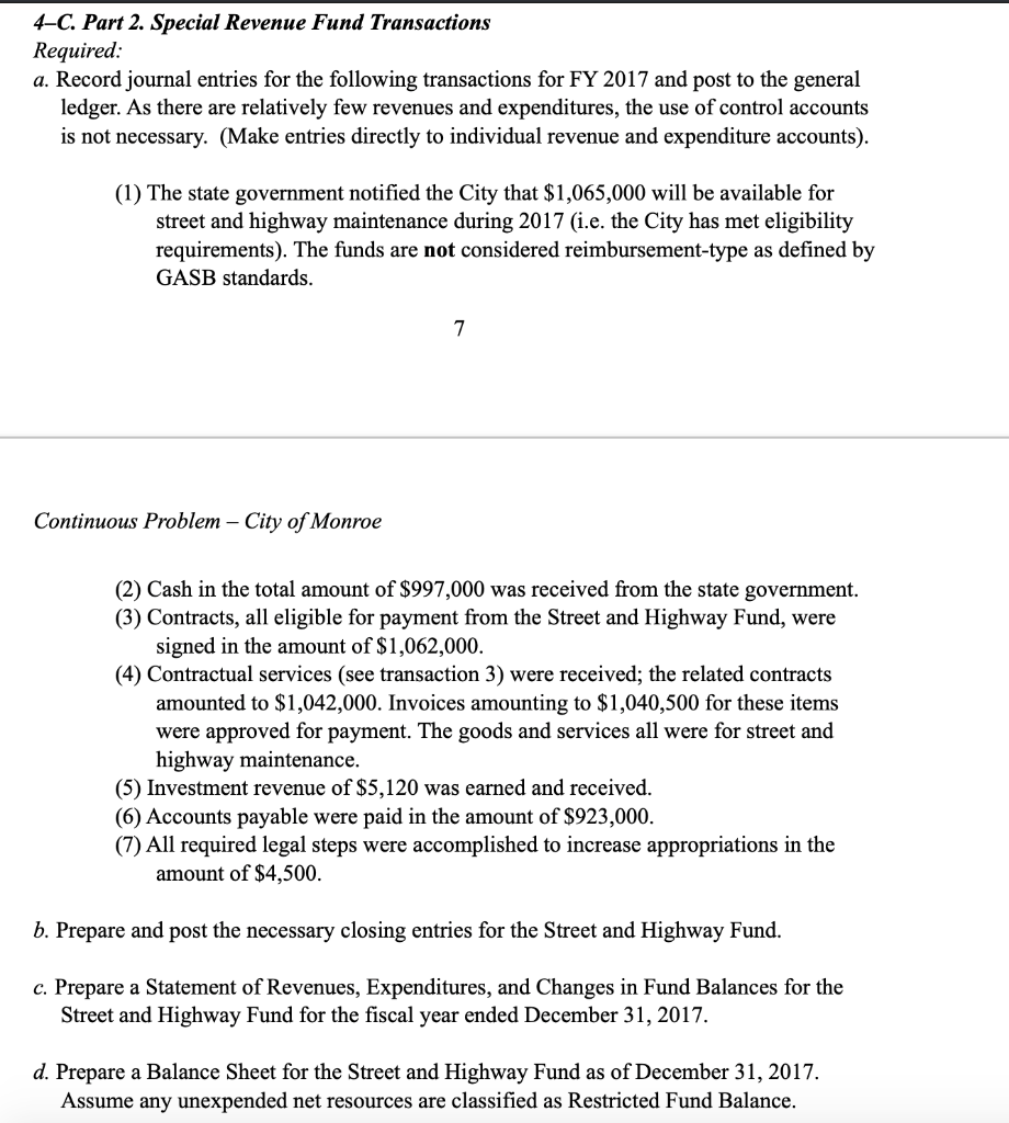 Solved 4-C. Part 2. Special Revenue Fund Transactions | Chegg.com