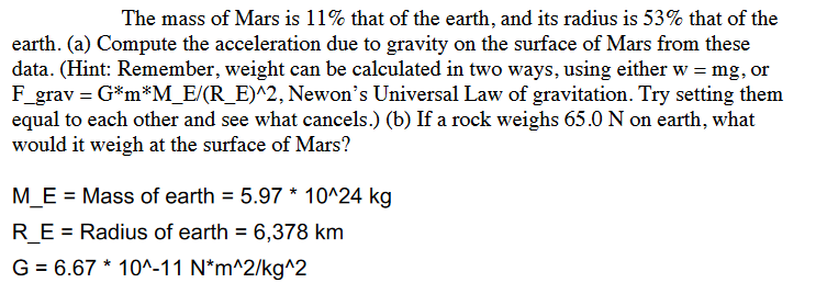 Solved The mass of Mars is 11% that of the earth, and its | Chegg.com