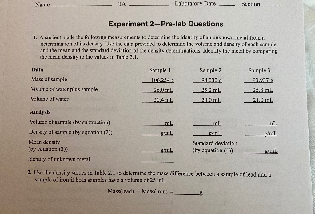 Solved Name ΤΑ . Laboratory Date Section Experiment