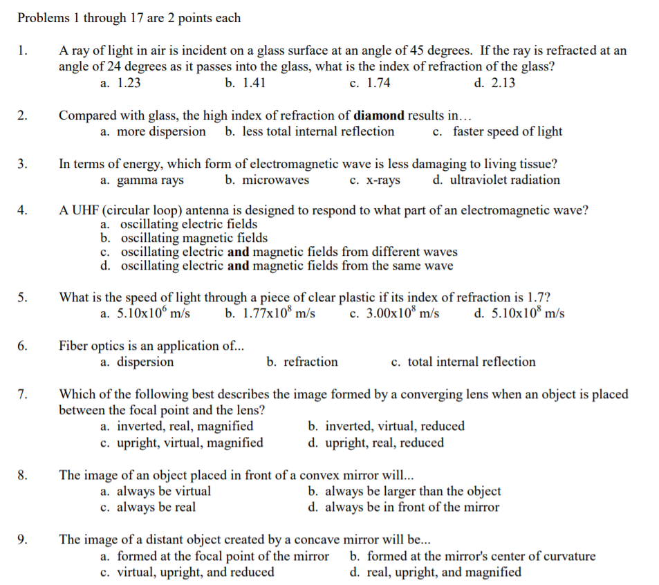 Solved Problems 1 through 17 are 2 points each A ray of | Chegg.com