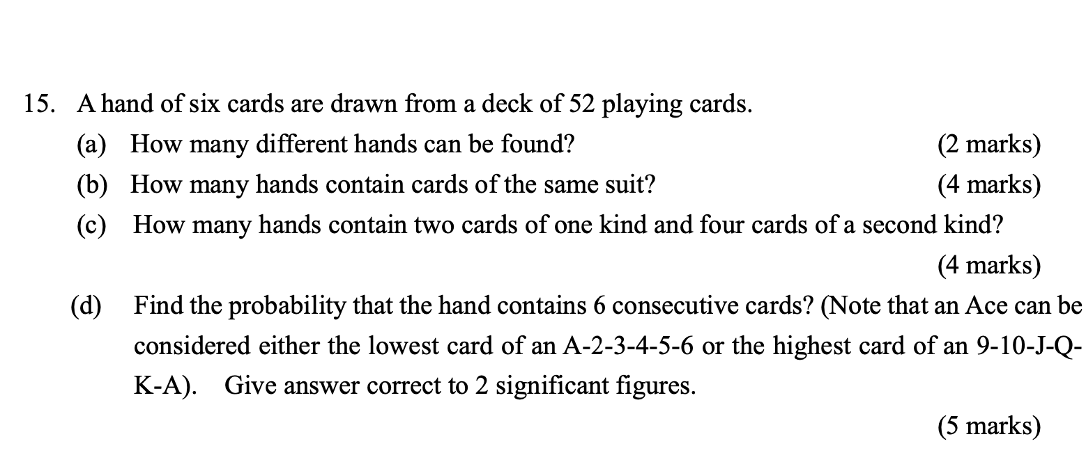 Solved 15. A hand of six cards are drawn from a deck of 52