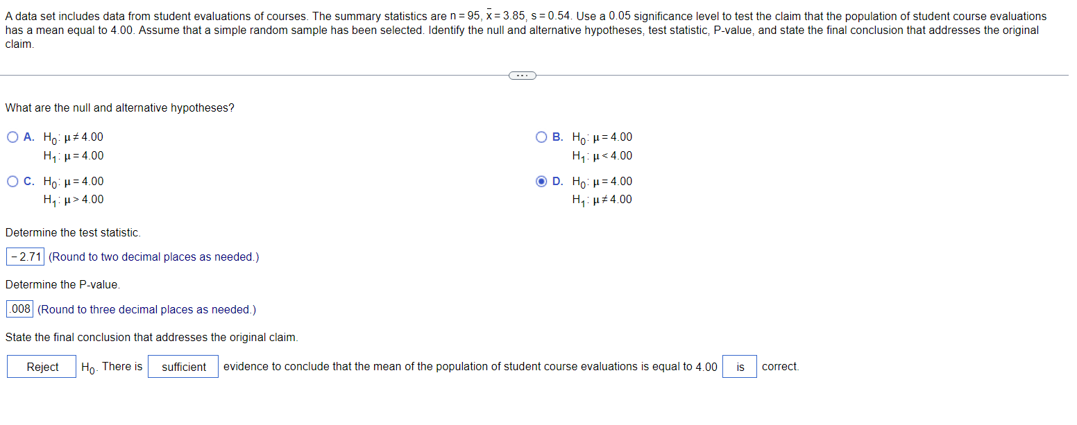 Solved A Data Set Includes Data From Student Evaluations Of | Chegg.com