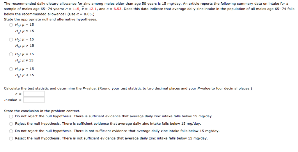 Solved The daily dietary allowance for zinc