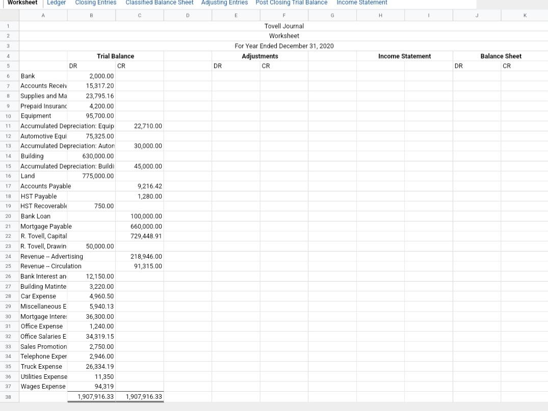 Solved Tovell Journal Worksheet For Year Ended December 31, | Chegg.com