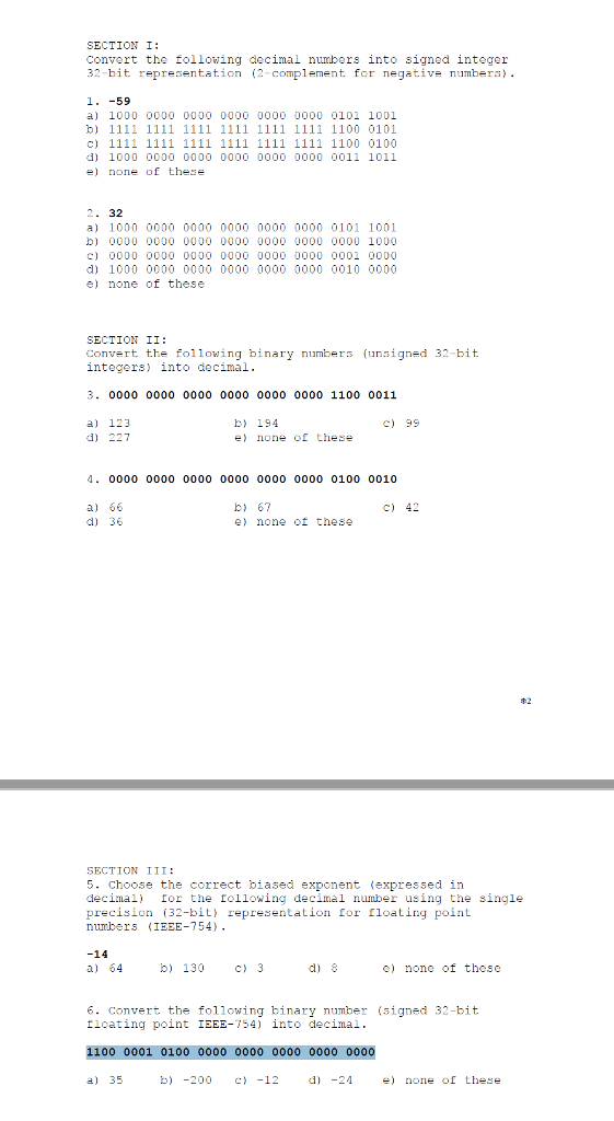 Solved sectioni convert the following decimal numbers into chegg