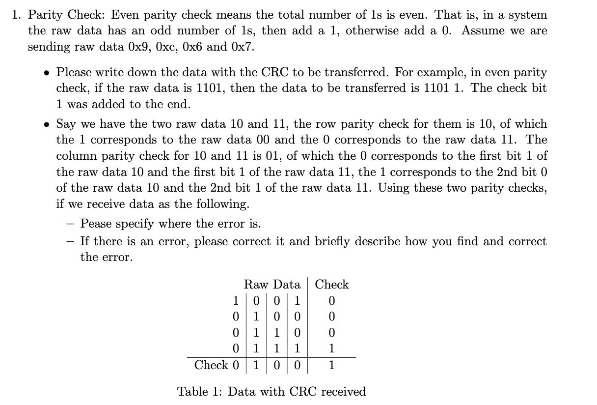 Solved 1. Parity Check: Even parity check means the total | Chegg.com