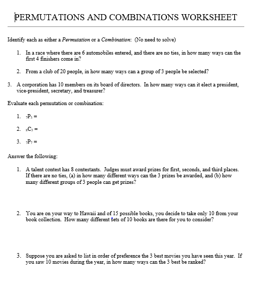 Solved PERMUTATIONS AND COMBINATIONS WORKSHEET Identify each | Chegg.com