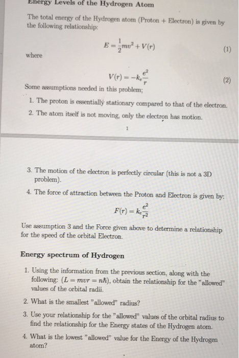 Solved Energy Levels of the Hydrogen Atom The total energy | Chegg.com