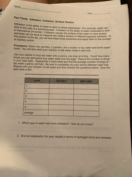 Solved Name Date Properties of Water Lab AP Biology Lab 1