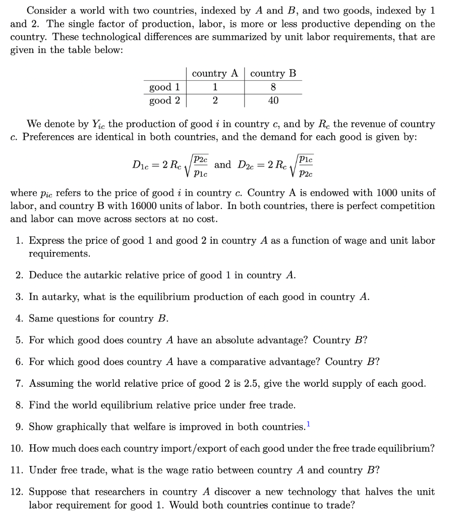 Solved Consider A World With Two Countries, Indexed By A And | Chegg.com